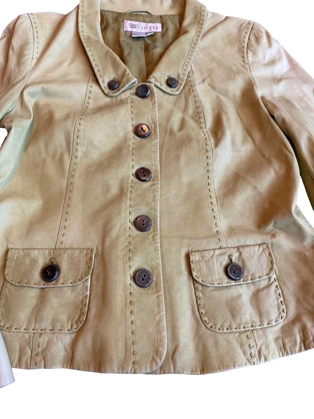 Worth 100% Leather Jacket Bold Green Button-Down Retro Vintage Classic Size 12
